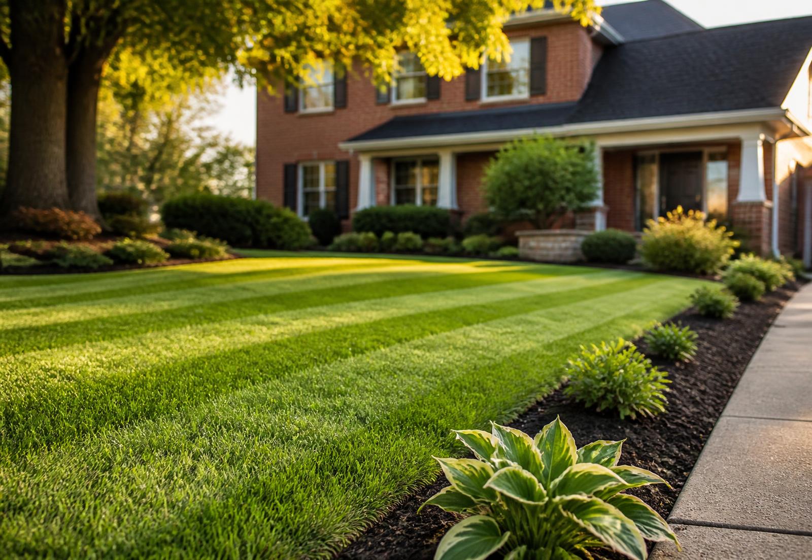 Freshly mowed lawn with crisp edges in front of a Quinte-region home